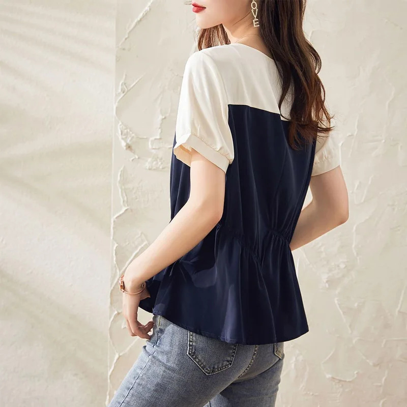 High-end Fashion Color Matching Blouse Summer Classic Short Sleeve O-collar Korean Loose Office All-match Pullover Chiffon Shirt