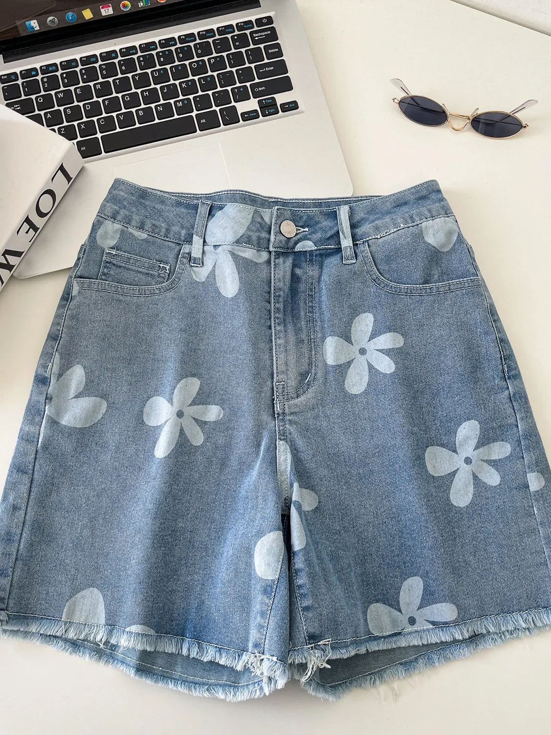 Harajuku Vintage Print Denim Blue Short Pants Women Summer High Waist Raw Hem Casual Wide Leg Shorts Street Trendy Outfits