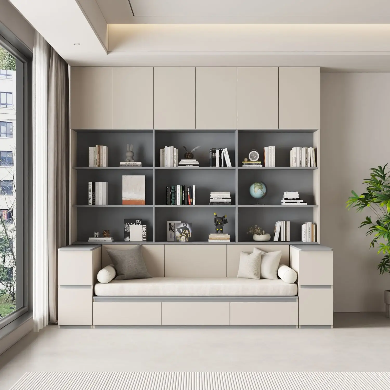 Customized solid wood bookcase, integrated card seat, bookshelf, floor-to-ceiling whole wall, with stool for home use