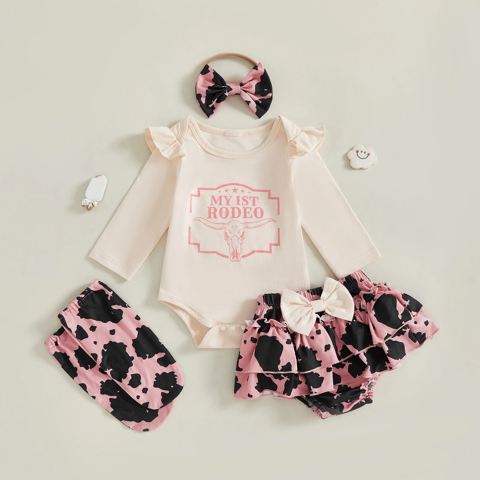 

0-18M Infant Baby Girls Western Outfit Letter Print Romper and Cow Print Layered Skort Headband Socks Cute 4pcs Clothes
