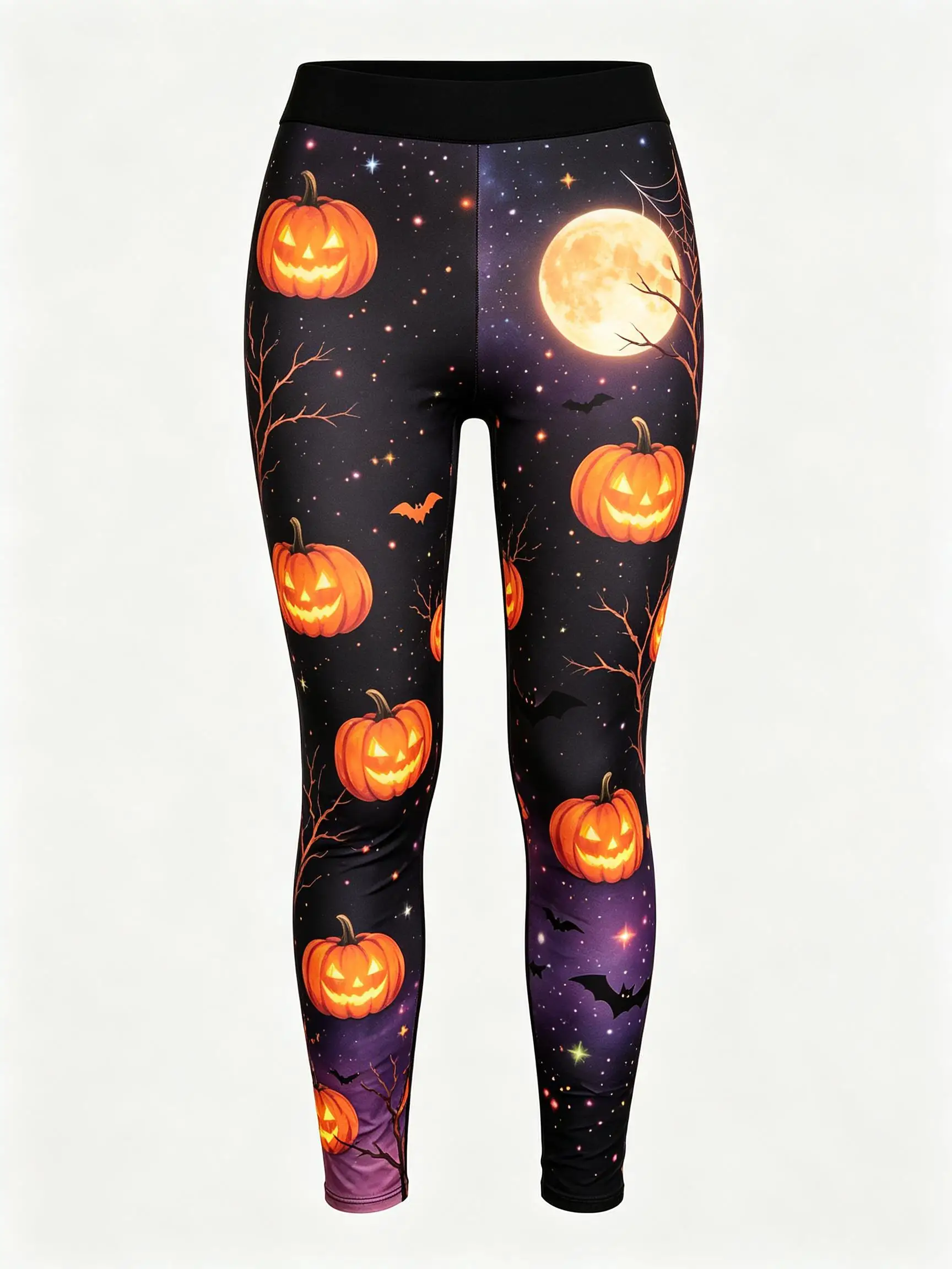 Women Mid Waist Fleece Lined Leggings Halloween Pumpkin Moon Bat Print Slim Stretch Pants Party Cosplay Trousers