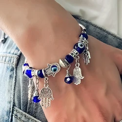 Ethnic Hand Palm Evil Eye Charm Bracelets for Women Men Boho Elastic Resin Bead Bangle Armband Vintage Silver Color Jewelry 2023