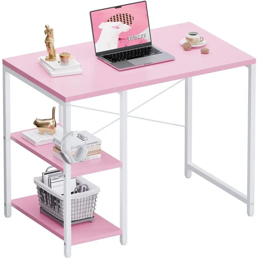 

32 Inch Small Computer Desk with Shelves, Home Office Desk with Headphone Hook for Bedroom, Study Writing PC Table for Small Sp