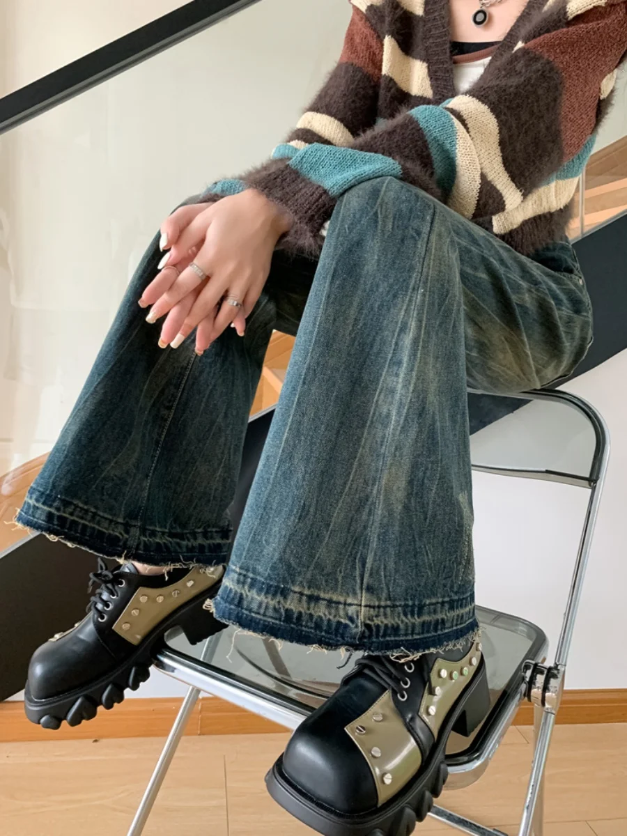 Americano retro queimado jeans feminino outono resistido design pred dobrável leggings longos botão de cintura alta cores de luz profunda