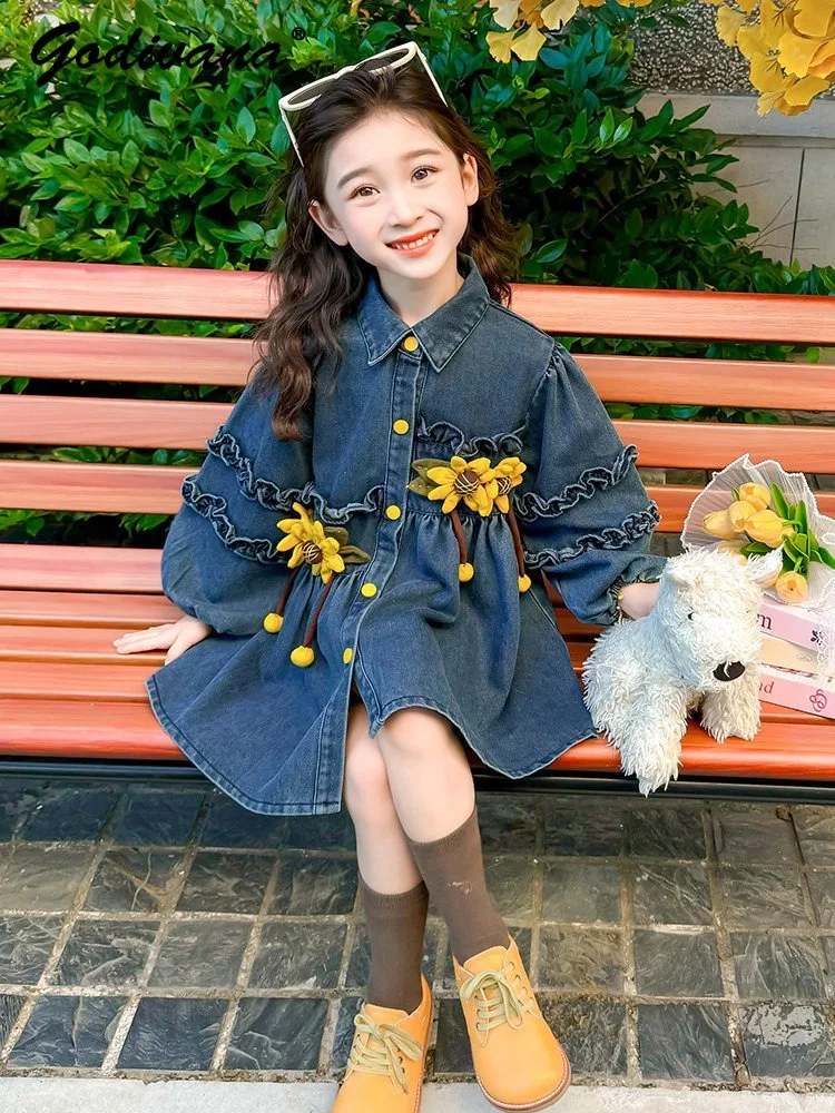 

Sweet Baby Girls Spring 2026 New Denim Dress Childrens Cute Sunflower Ruffle Long Sleeve Mid-length Fashion Korean Casual Dress