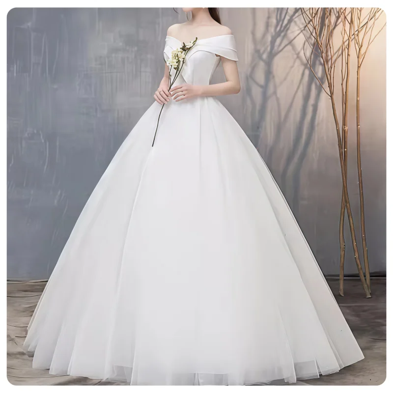 French Romantic Style Off-The-Shoulder Satin Main Wedding Dress, Simple Slim-Fit Waist-Cinching Floor-Length Large Puffy Tulle Princess Gown, High-End Light Luxury Slimming Bride Wedding Ceremony Dress