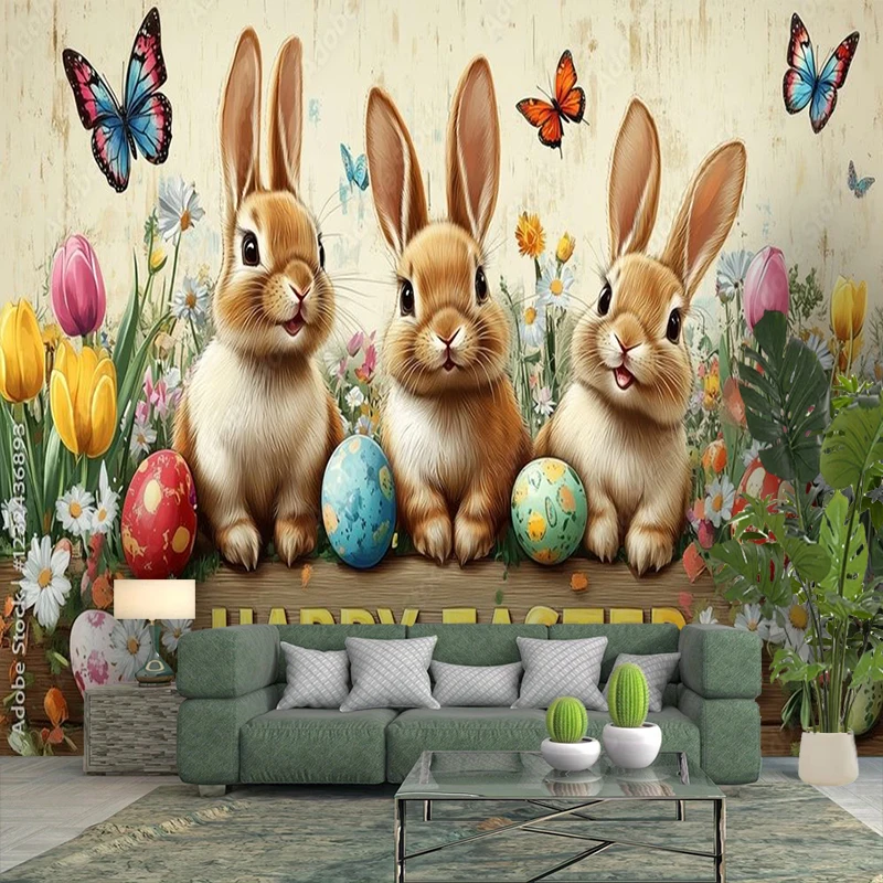 1PC Easter Bunny Floral Art Print Backdrop Banner, Bedroom Living Room Photo Background, Polyester, Home Decor, Wall Art