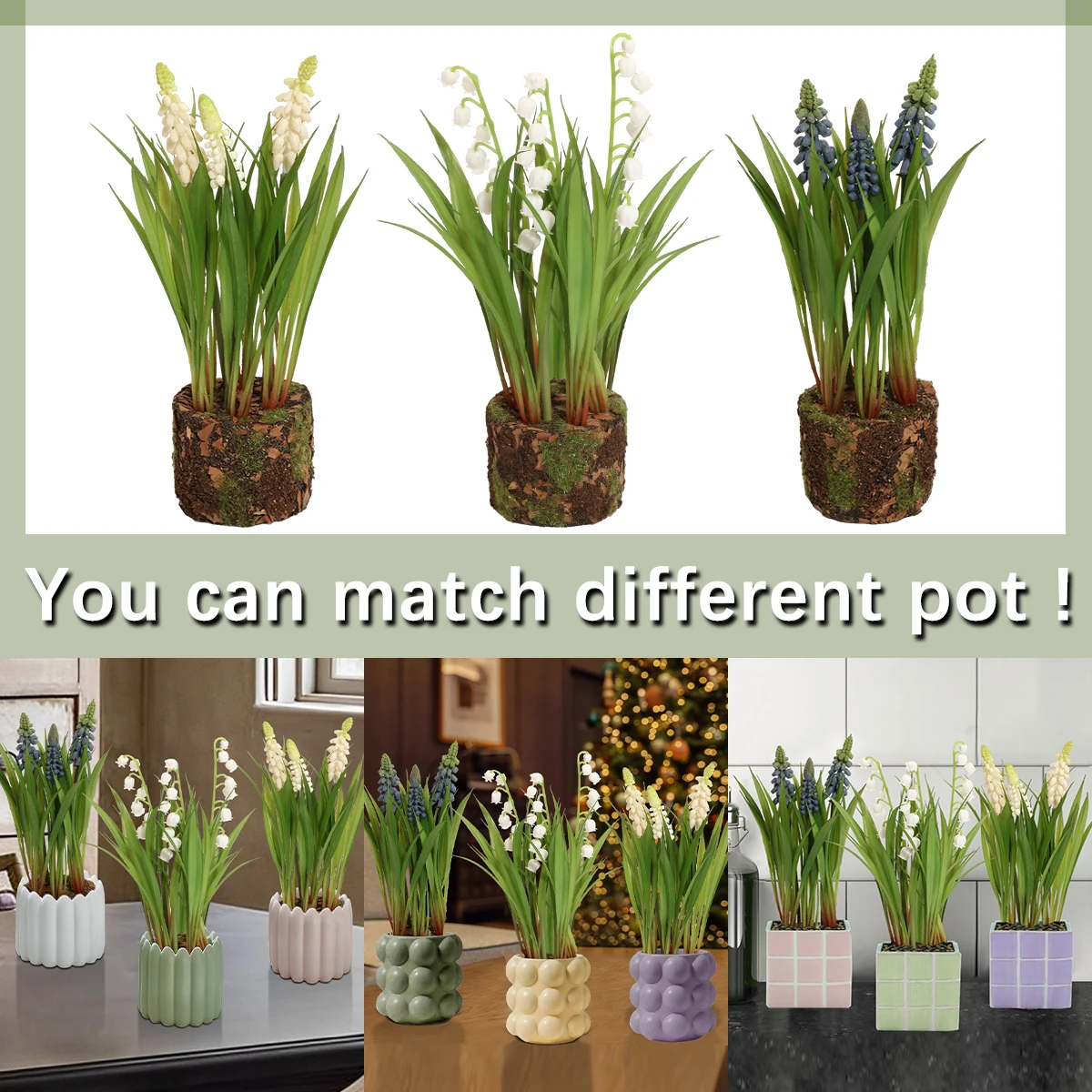 SIA FLOWER 1 Pc Artificial Plant w/ Moss Base Fake Hyacinth Lily Of The Valley Flower Potted Plant Wholesale Garden & Home Decor