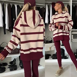 Casual Loose Striped Print Hooded Sweatshirt Women's Set Fashion Sweatshirt Pullover + Pencil Pants 2-piece Women Sports Outfit