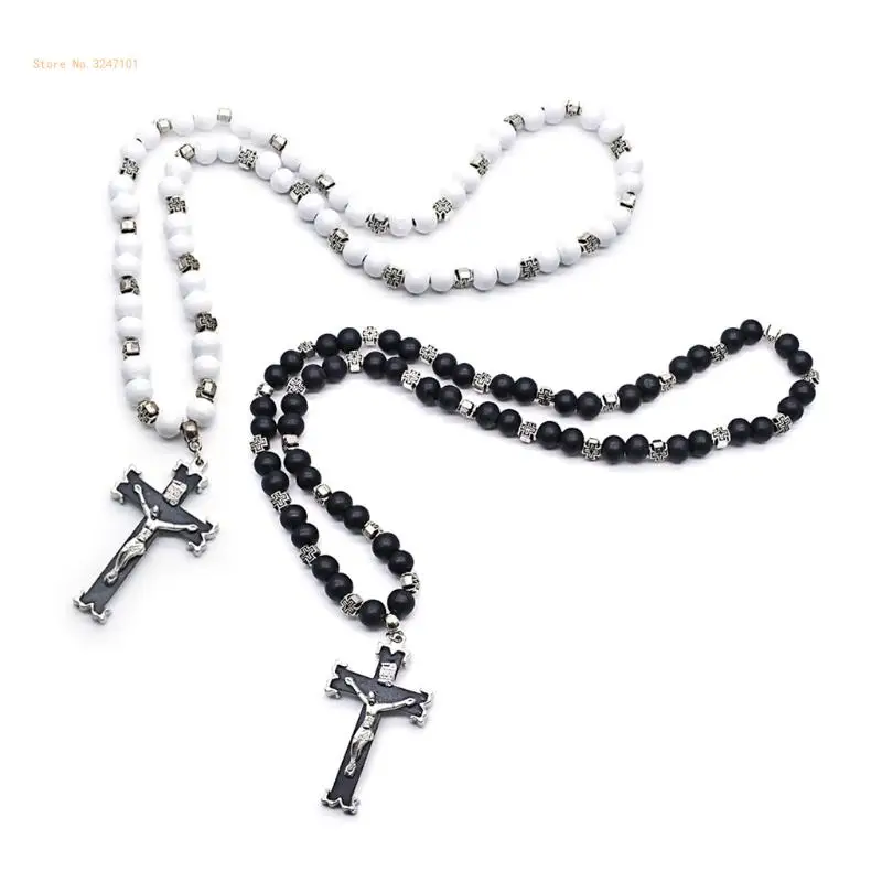 

Rosary Necklace Jesus Christ for Cross Pendant Necklaces Alloy Bead Long Chain Men Women Christian Fashion Jewelry Dropship