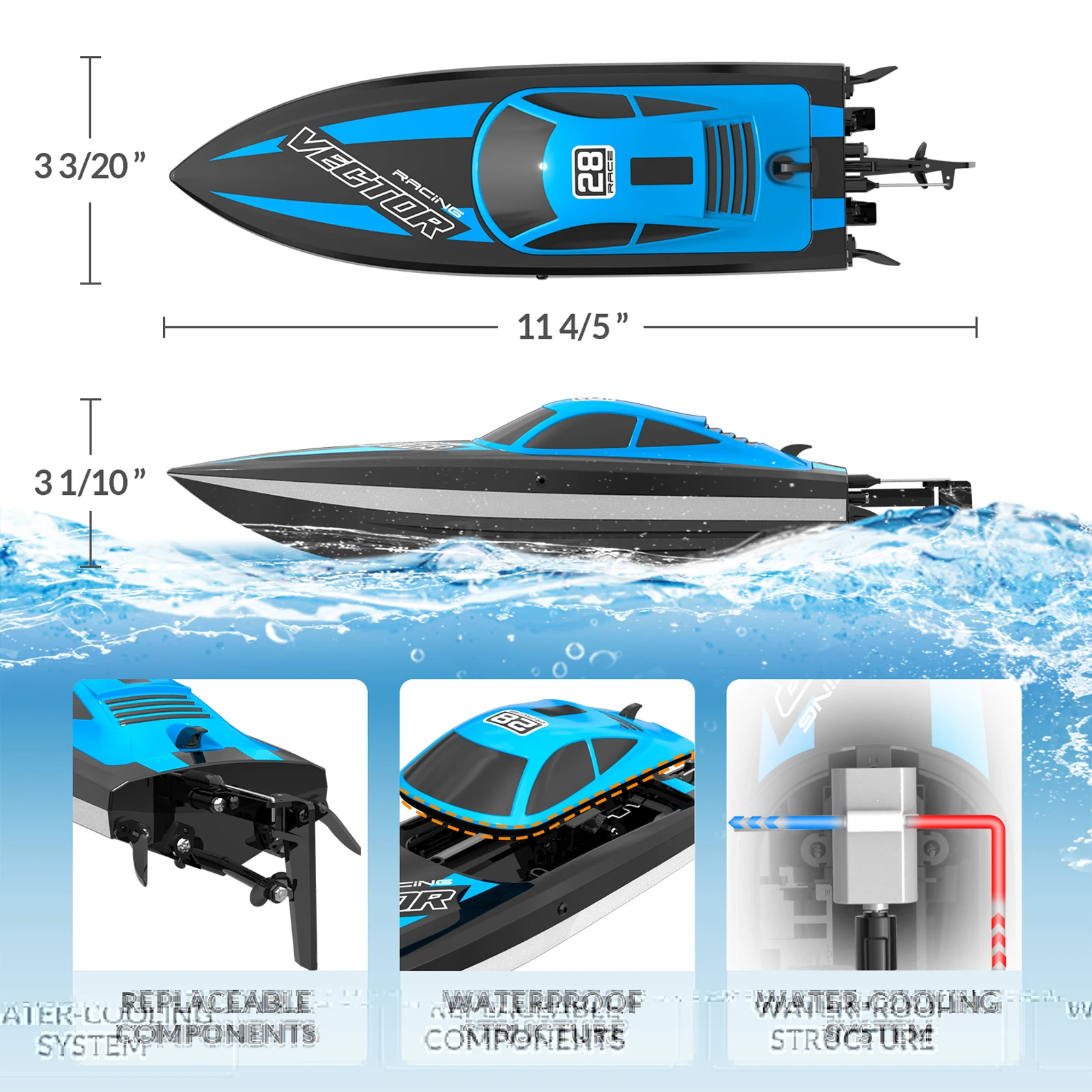 RC Boat 2.4Ghz 20MPH High Speed Racing Watercraft Remote Control with LED Lights Speedboat Toys For Children Ready-to-Run Gifts
