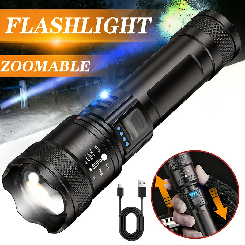 Poderosa lanterna led display de bateria usb recarregável luz telescópica zoom tocha lâmpada acampamento ao ar livre lanterna pesca