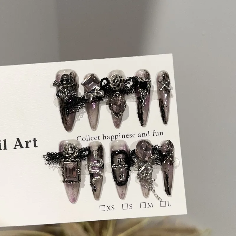 

10PCS Gothic Dark Lace Press on Nails Long Stiletto Purple Luxury False Nails Artificial Drill Handmade Vampire Victorian Style