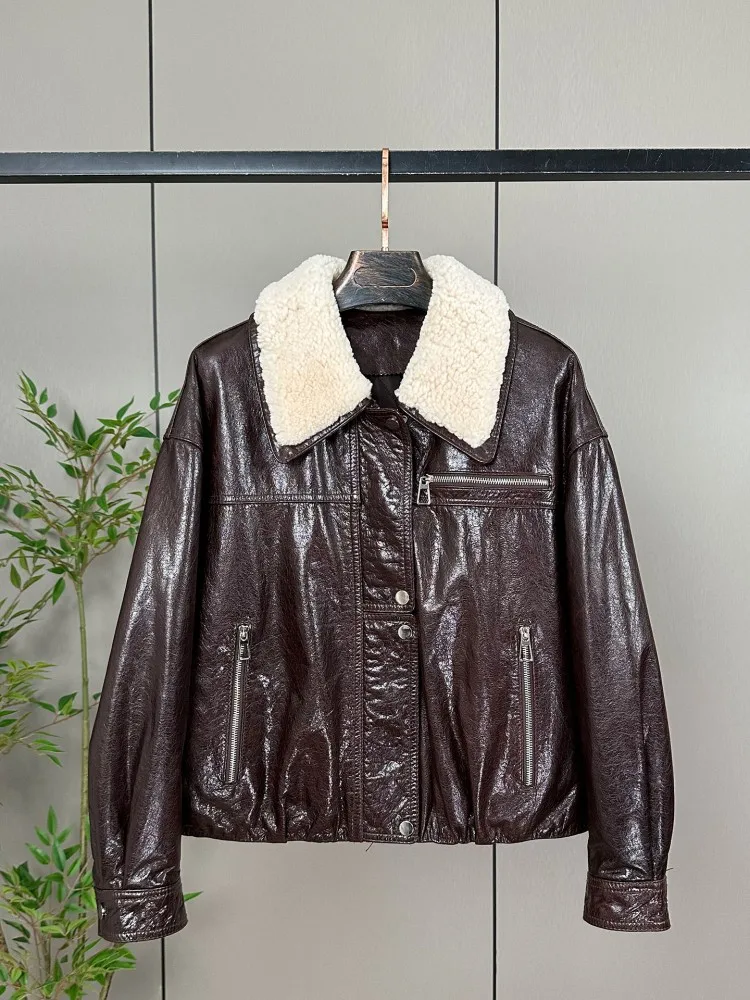 المرأة سترة جلدية حقيقية فضفاضة تناسب الشارع الشهير الشتاء مبطن بطانة الدافئة صوف الضأن طوق Vintage فاسق دراجة نارية معطف قصير