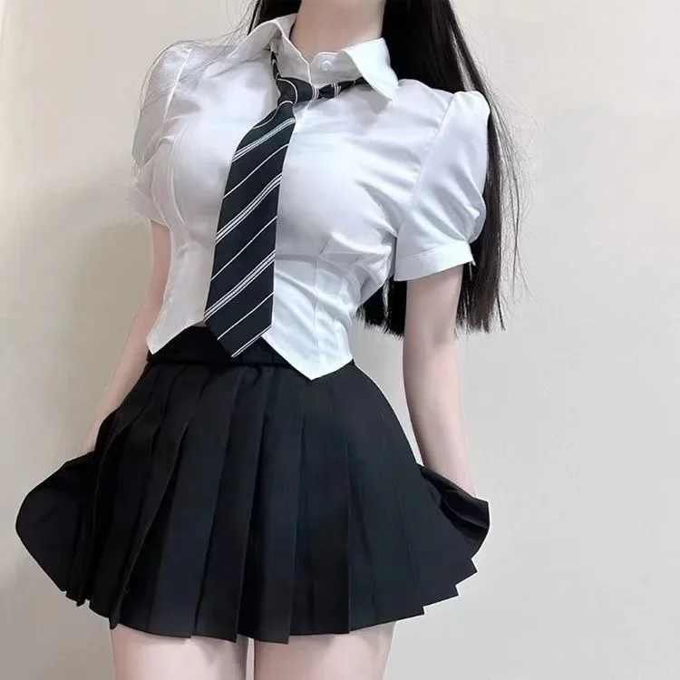 Zestaw 2-częściowy: Sukienka mini z bufiastymi rękawami, wyszczuplająca, nowość 2025, styl \"Spicy Girl\", czysta pożądanie, uniform JK, damski zestaw na lato.