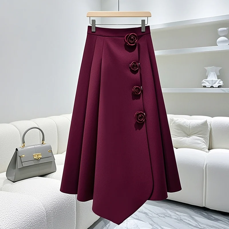 2024 New Temperament Red A-line Skirt High Waist Women Clothing Elegant Irregular Solid Color Long Dress Autumn Korean Skirts