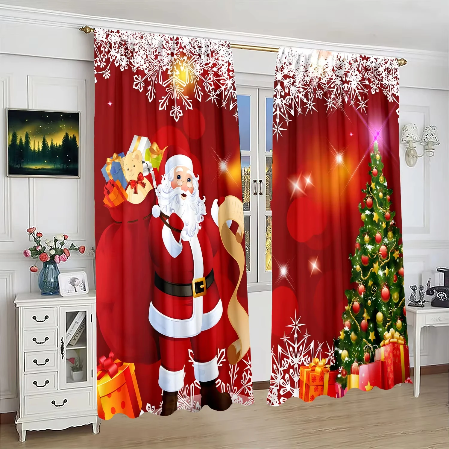 2pcs Happy New Year Red Contemporary Christmas Ball & Leaf Print Curtains for Living Room Bedroom Kitchen Door Home Decor