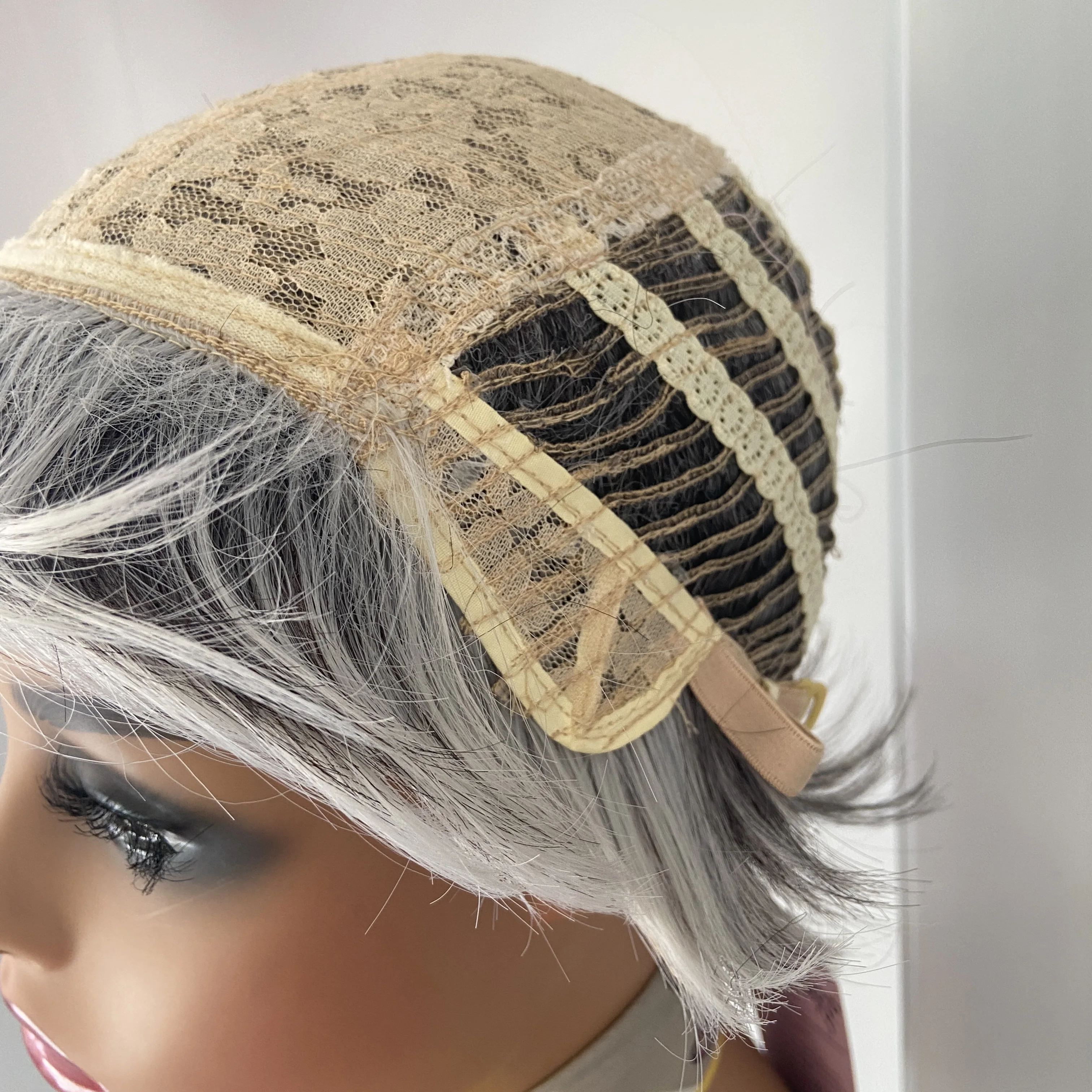 Fashiomag Short Curly Hair Wig Black Mix White Silvery Synthetic Women Soft Natural Daily Grandma Style