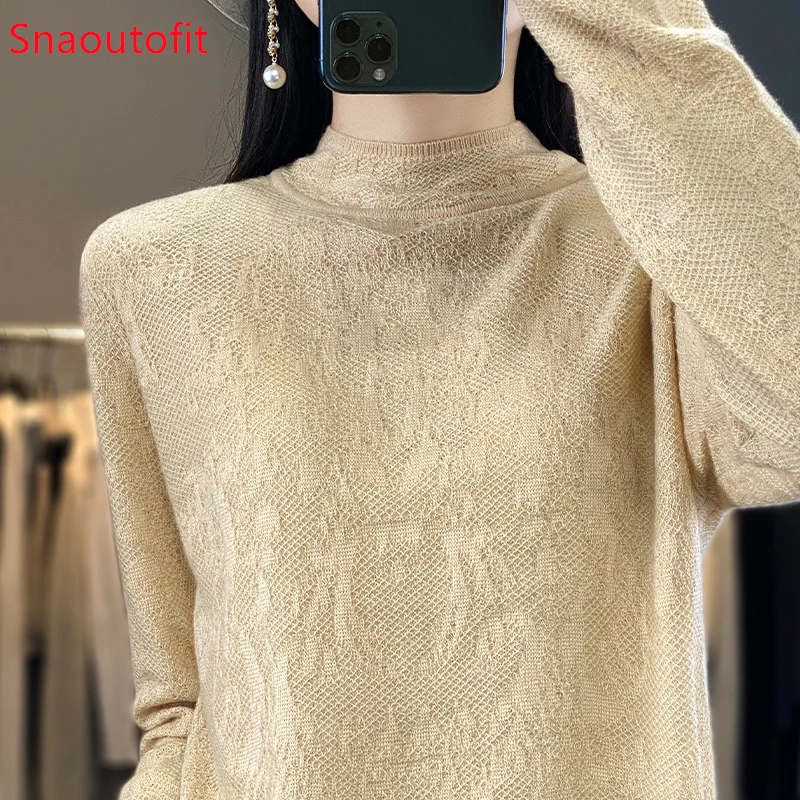 Spring/Summer Stereoscopic Hollow Wool Knit Sweater Women\'s Pullover Thin Fashion Long-Sleeved Half-High Collar Sexy Chic Top