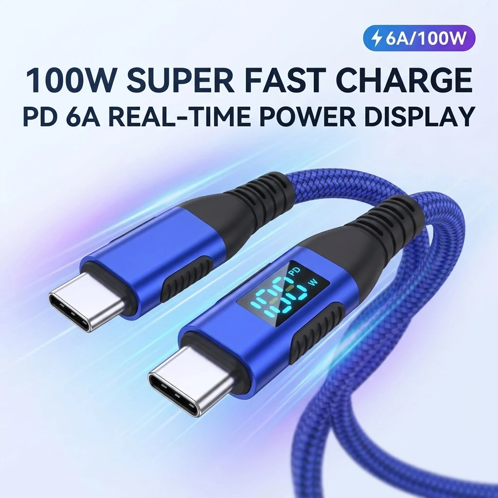 100W 6A LED Display USB C to Type C Cable PD Fast Charging Braided Charger Cord for iPhone 17 16 15 Pro Xiaomi Huawei