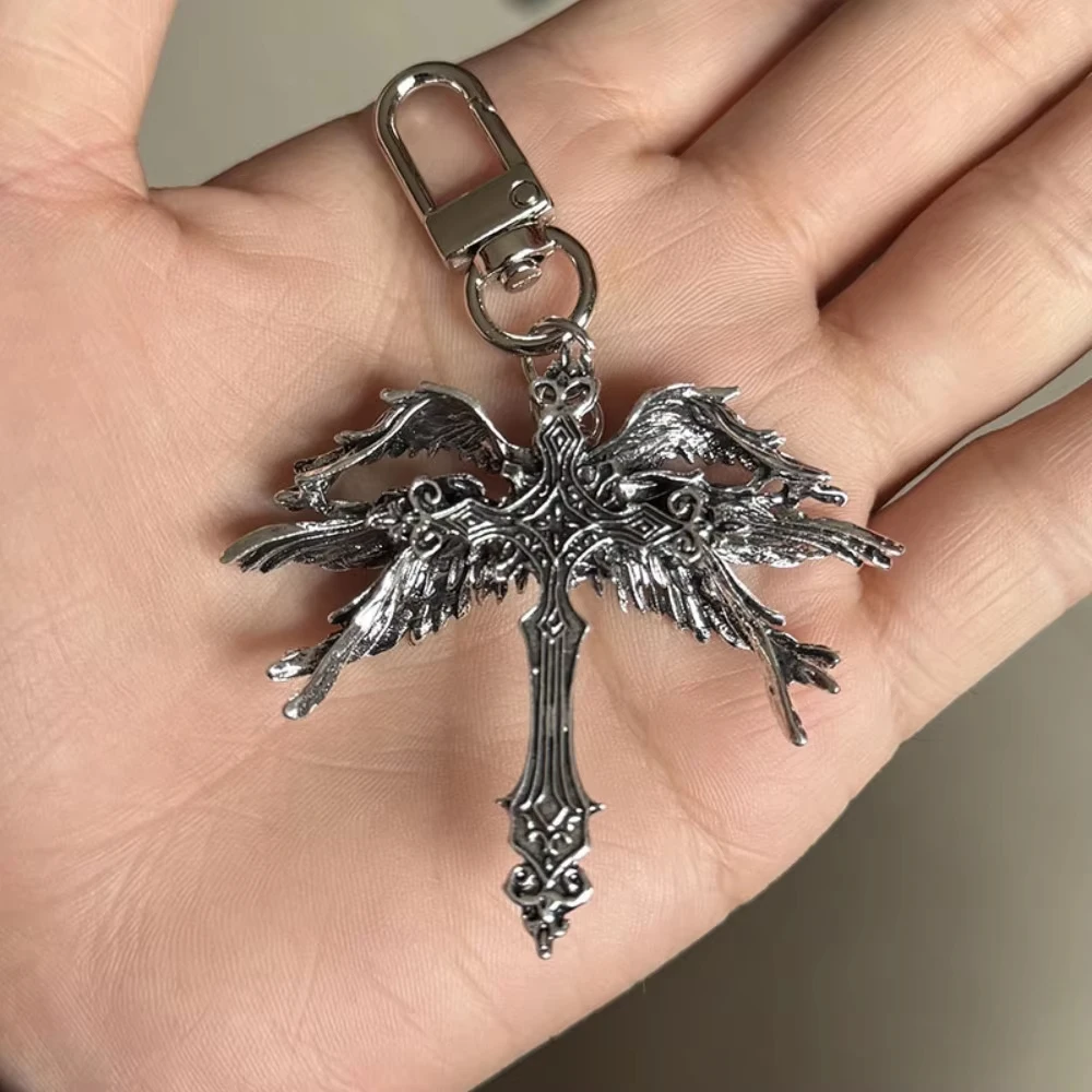 Collier pendentif croix ailes de Jésus gothique rétro pour hommes et femmes, grand bijou vintage punk sombre, amulette religieuse, porte-clés, cadeaux