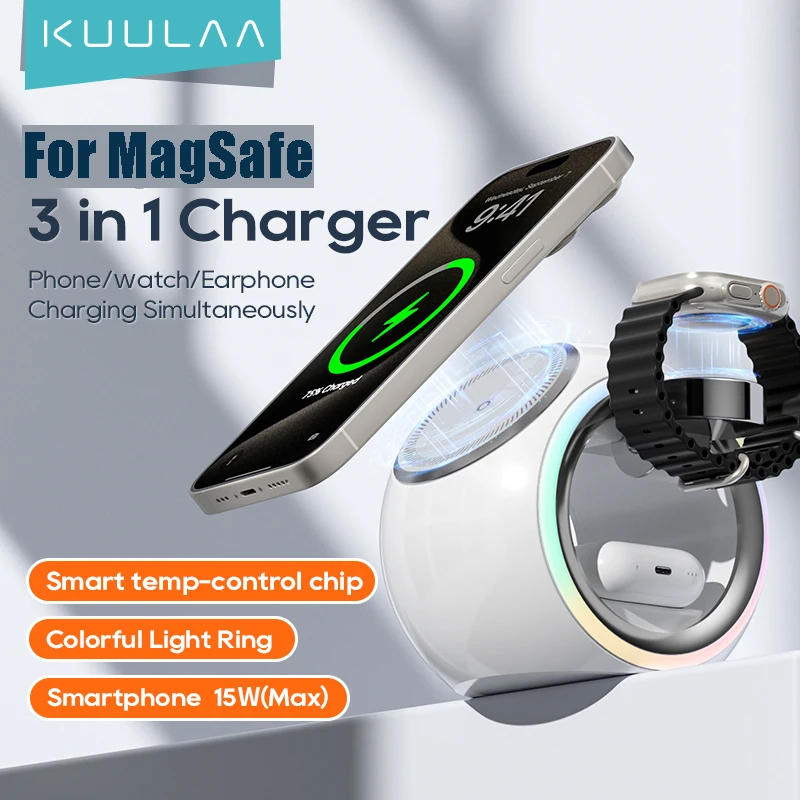 

KUULAA 3 in 1 Magnetic Wireless Charger Stand for iPhone 15 14 Color Changing LED Light Space Capsule Charger for AirPods/Watch