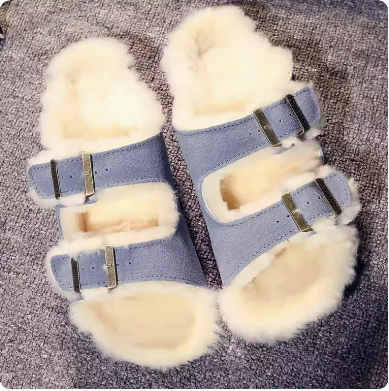 

Autumn Winter Plush Women's Cork Slippers Men Women's Couples Slippers for Warmth Flat Bottomed Frosted Leather Home Slippers
