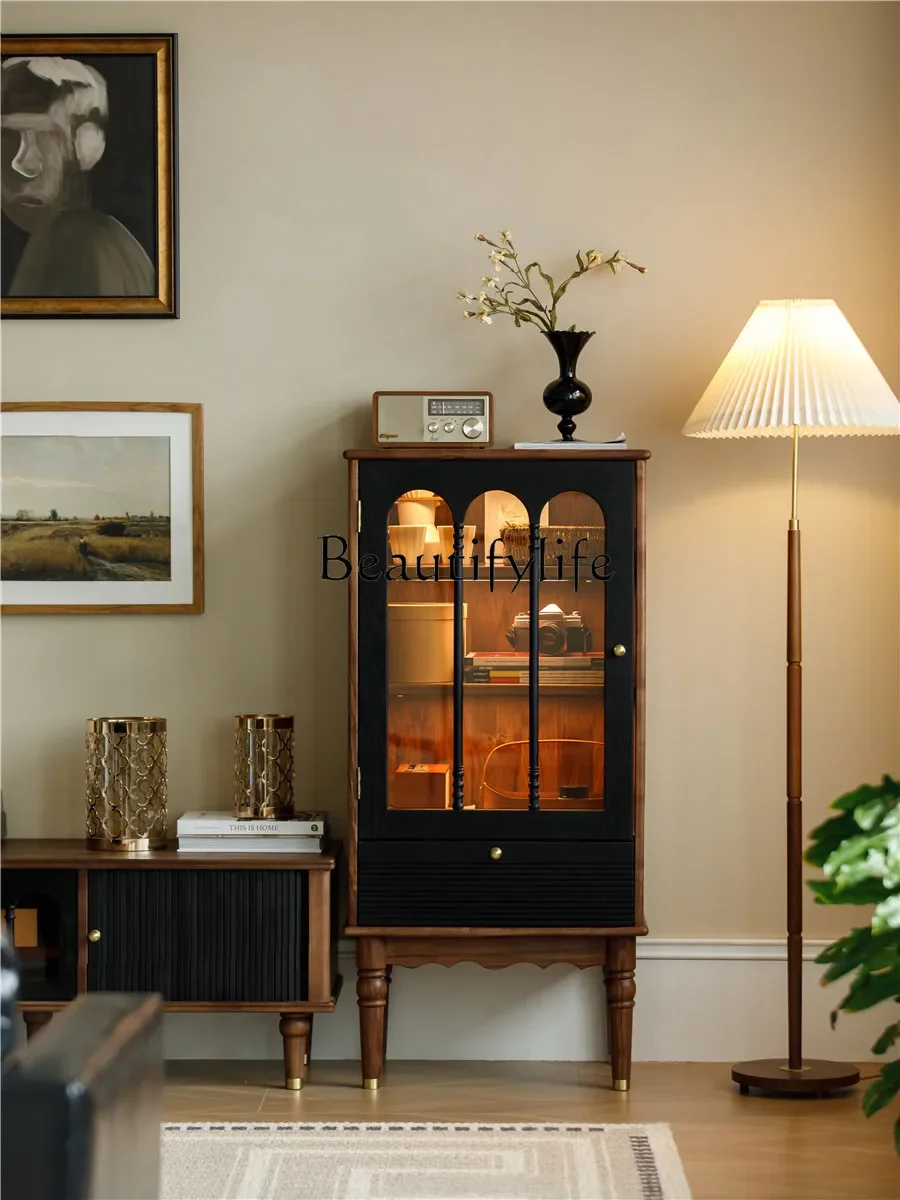 

S Living Room Retro Display Cabinet Made of Glass Black Walnut Solid Wood Sofa TV Cabinet with Light Sideboard Cabinet