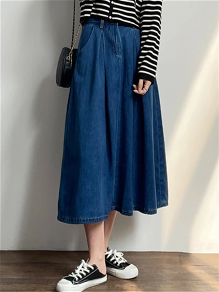 REALEFT Vintage Women's Denim Long Skirts 2023 New Summer High Wasit Umbrella Jeans Skirts Female Ladies A-Line Skirt Spring