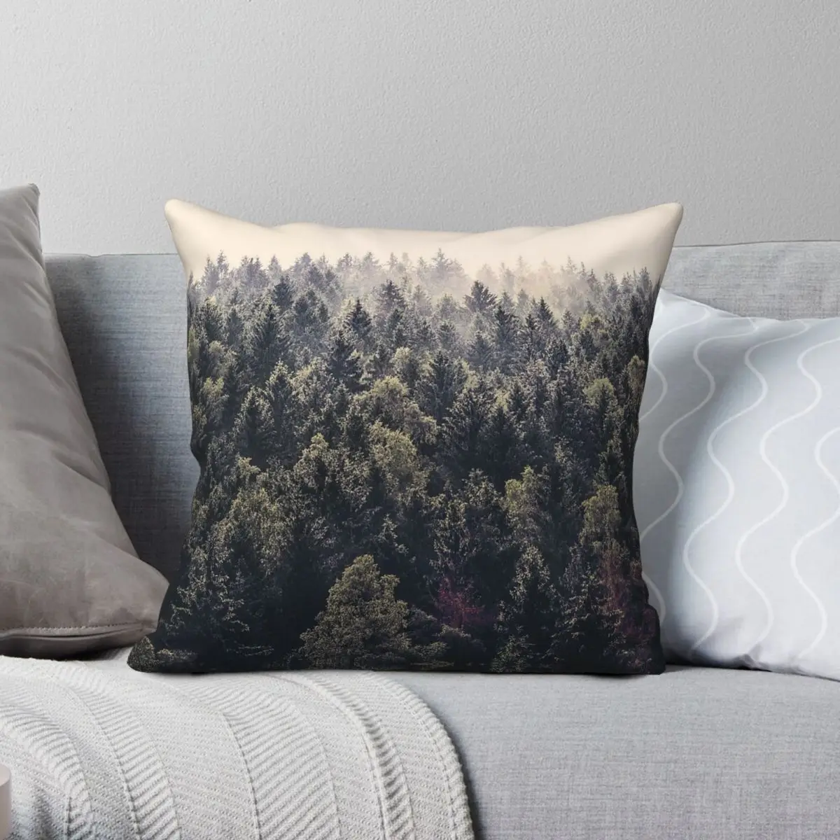 Funda de almohada cuadrada con diseño de árboles Cascadia, niebla mágica, poliéster, lino, terciopelo, funda de almohada decorativa con cremallera, funda de cojín para el hogar