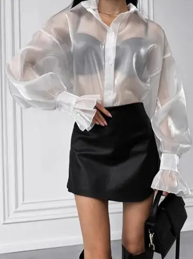 

Spring/summer New White Collar Sexy Transparent Yarn Shirt 2025 Fashion Ruffle Top