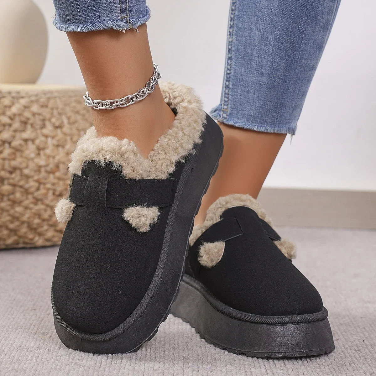 Nuove scarpe Boken da donna invernali di lusso peluche moda retrò scarpe di fagioli pantofole da donna con suola piatta in cotone piattaforma