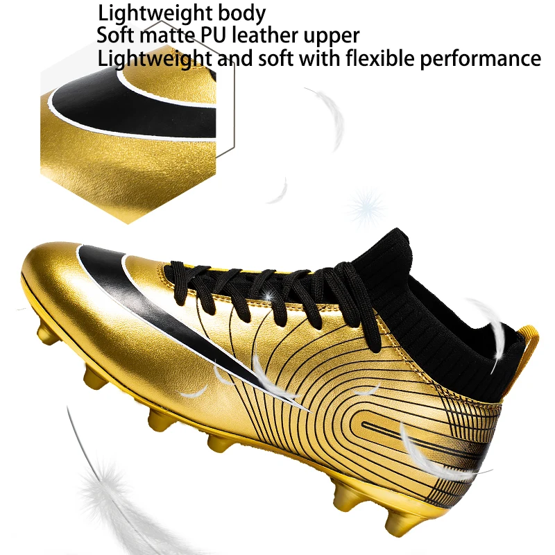 Sapatos de futebol para homens ouro luz alta tornozelo gramado botas de futebol crianças meninos originais anti-deslizamento tênis de treinamento indoor