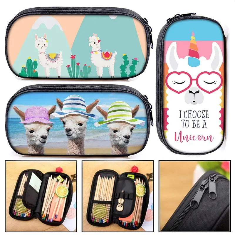 Funny Animal Alpaca Cosmetic Case Pencil Bag Boys Girls Stationary Bag Llama Pencil Box Kids School Bags Supplies