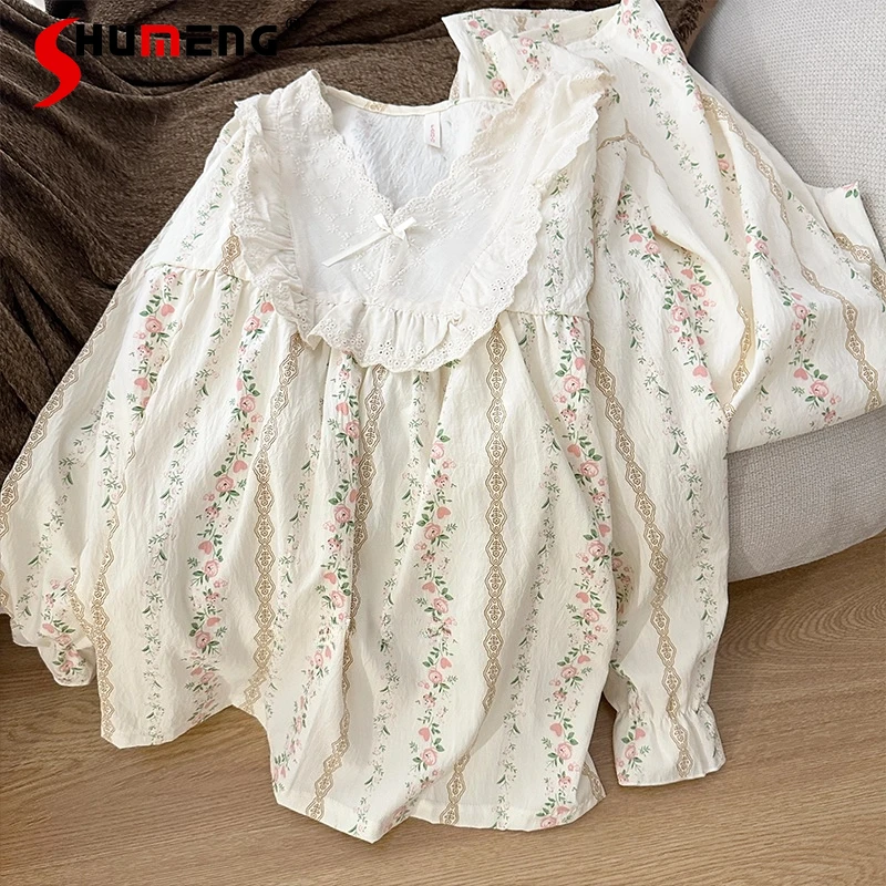 

Женская милая пижама с цветочным принтом в дворцовом стиле, комплект домашней одежды из марлевого кружева с квадратным вырезом, женское весенне-осеннее свободное хлопковое нижнее белье