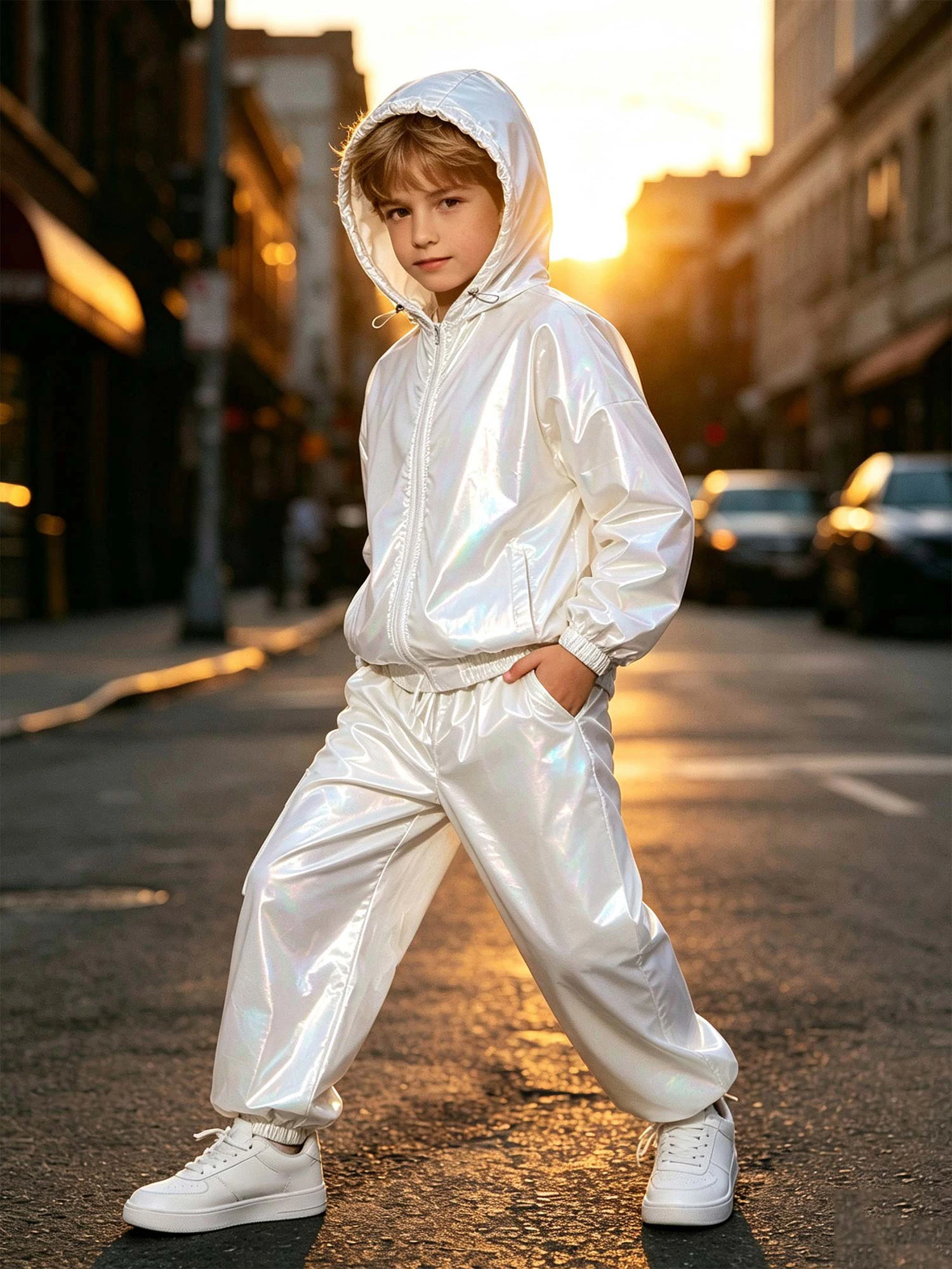 Kids Boys Glossy Metallic Tracksuit Hooded Zip Jacket Tops Elastic Cuff Pants Set Hip‑hop Jazz Dancewear Disco Carnival Costume