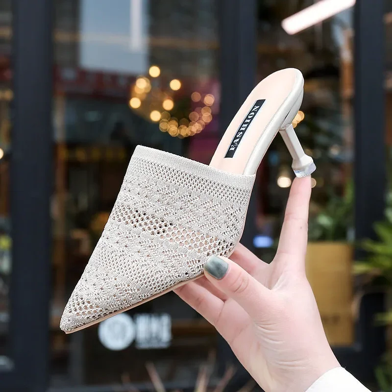 Knit Mesh Breathable Slippers High Heels Mules Women 2022Summer Shoes Pointed Toe Party Ladies Shoes Pantuflas De Mujer Zapatos