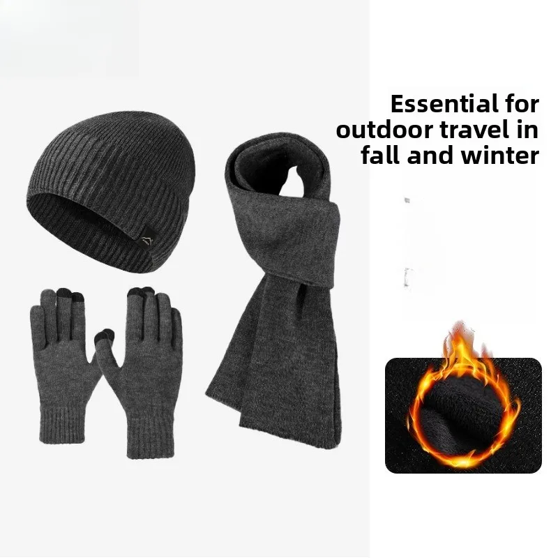 New Velvet Thickened Warm and Windproof Three-piece Set Large Head Circumference Knitted Hat Long Scarf Touchscreen Gloves