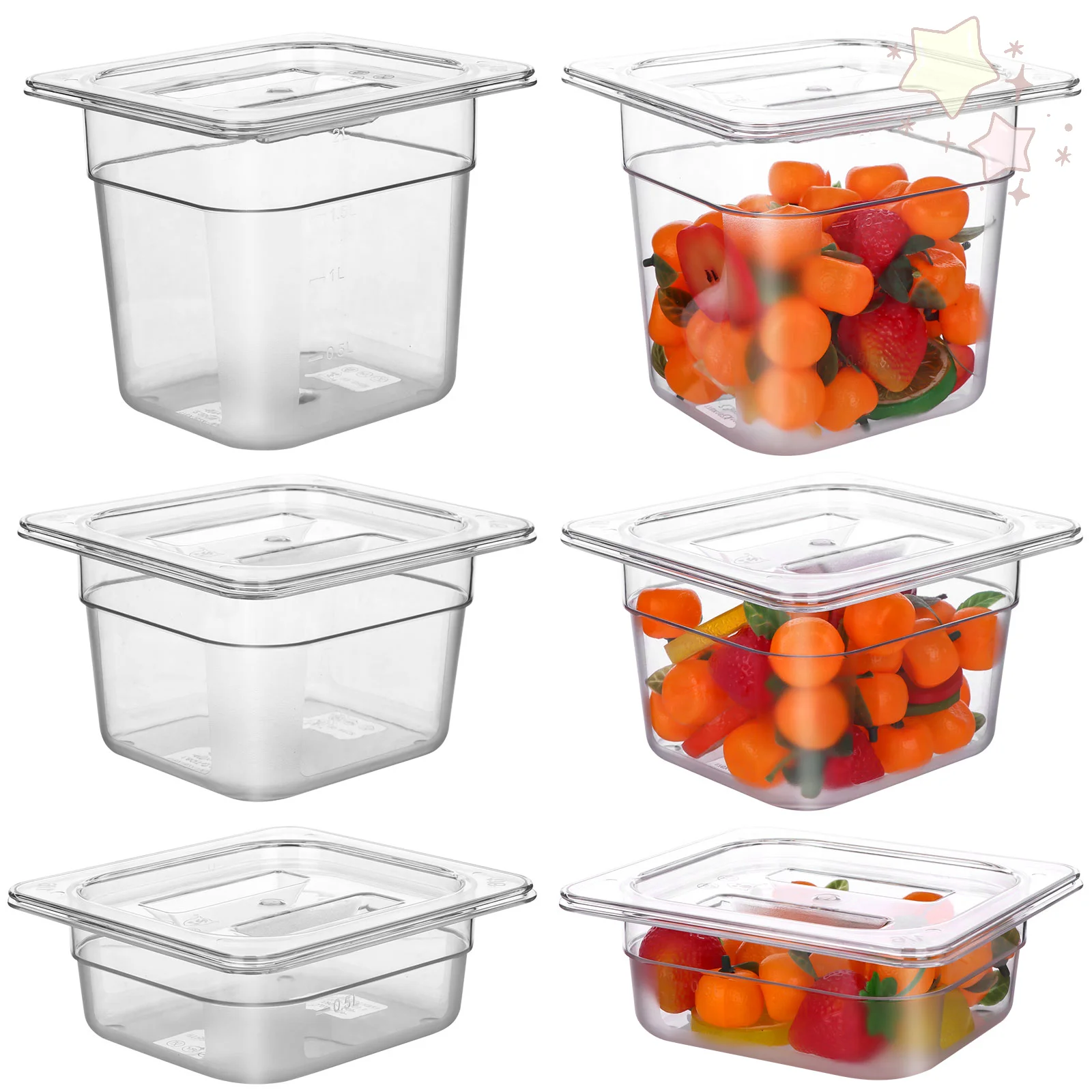 

6 Pack 1/6 Size Clear Food Pans With Lids 2.5'' 4'' 6'' Deep Food Storage Containers Plastic Pan Lid With Handle Polycarbonate U
