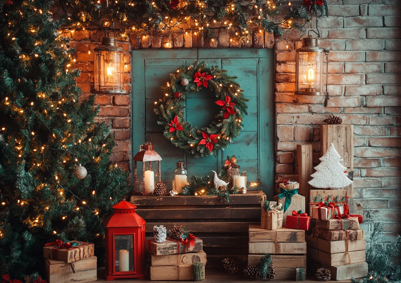 

Photography Background Christmas Gingerbread Wood Door Gifts Xmas Tree Kids Family Portrait Decor Backdrop Photo Studio