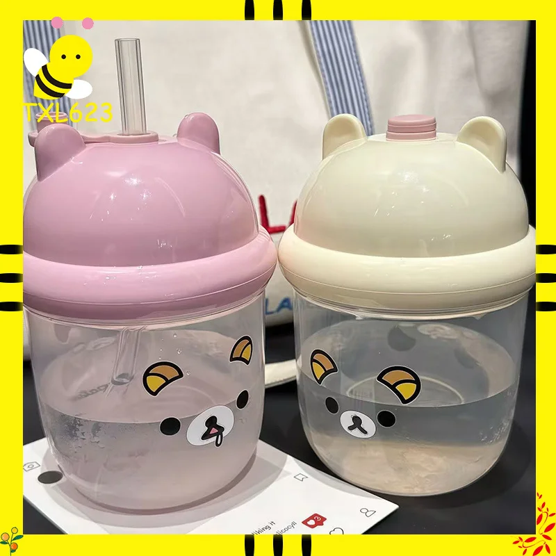

Rilakkuma Plastic Straw Cup Portable Anti-Fall Water Cup Daily Use Student Sticker Large Capacity Milk Coffee Travel Cup Gift