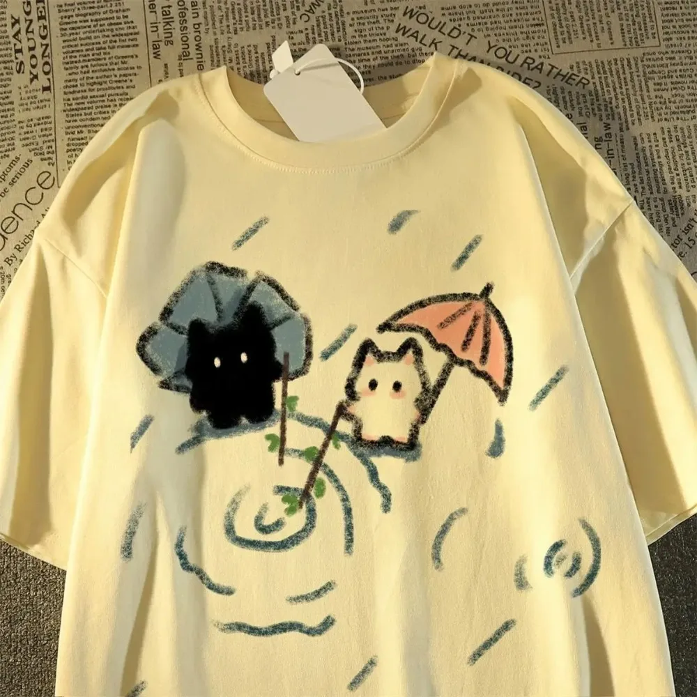 Damen-T-Shirt mit lässigem Katzenmotiv, Rundhalsausschnitt, kurzen Ärmeln und einem niedlichen schwarz-weißen japanischen Katzenmuster, klassisches Design, Trend – Detail 5