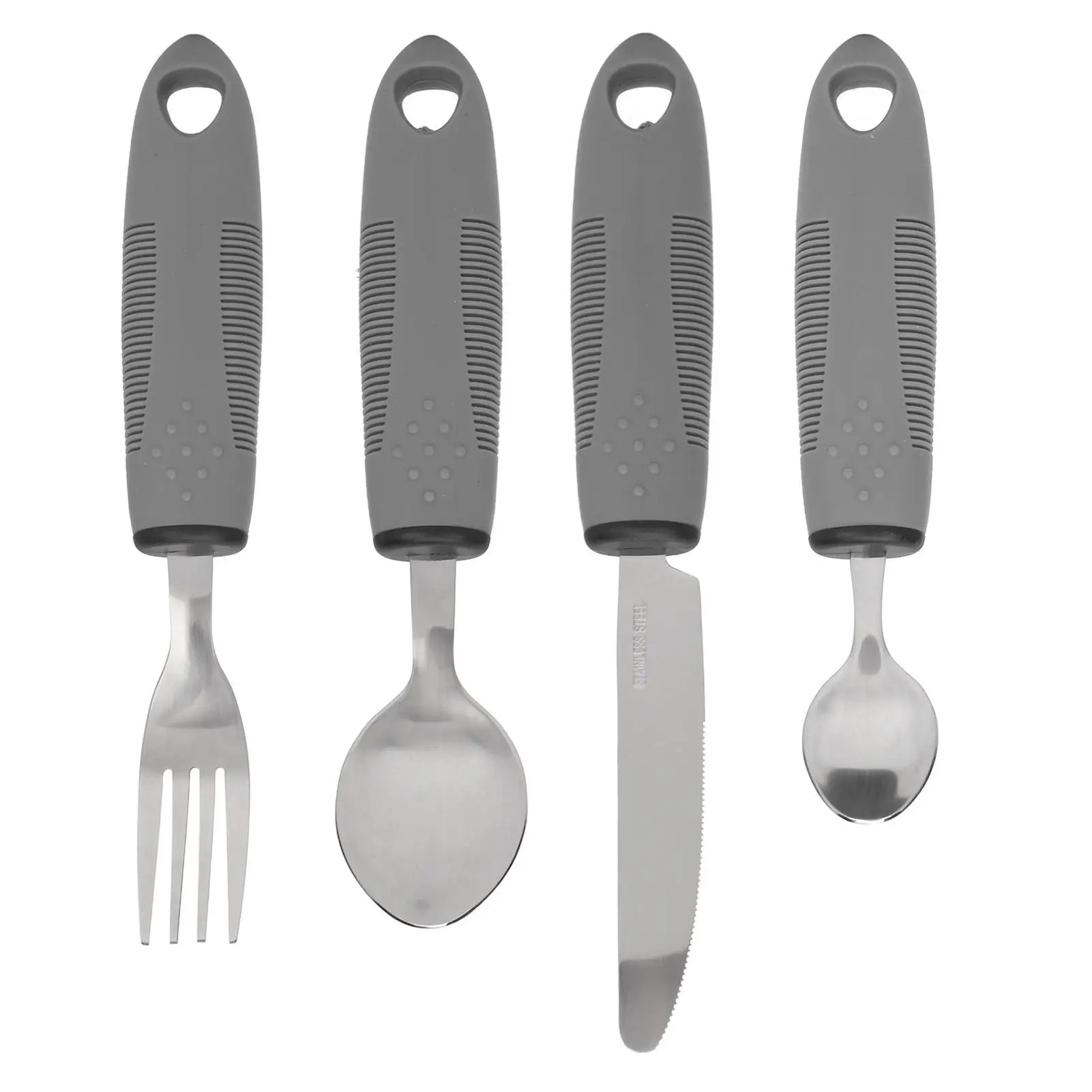 أواني مرجحة متكيفة مقبض مطاطي غير قابل للانزلاق لكبار السن مع ملعقة شوكة سكين من الفولاذ المقاوم للصدأ باللون الرمادي