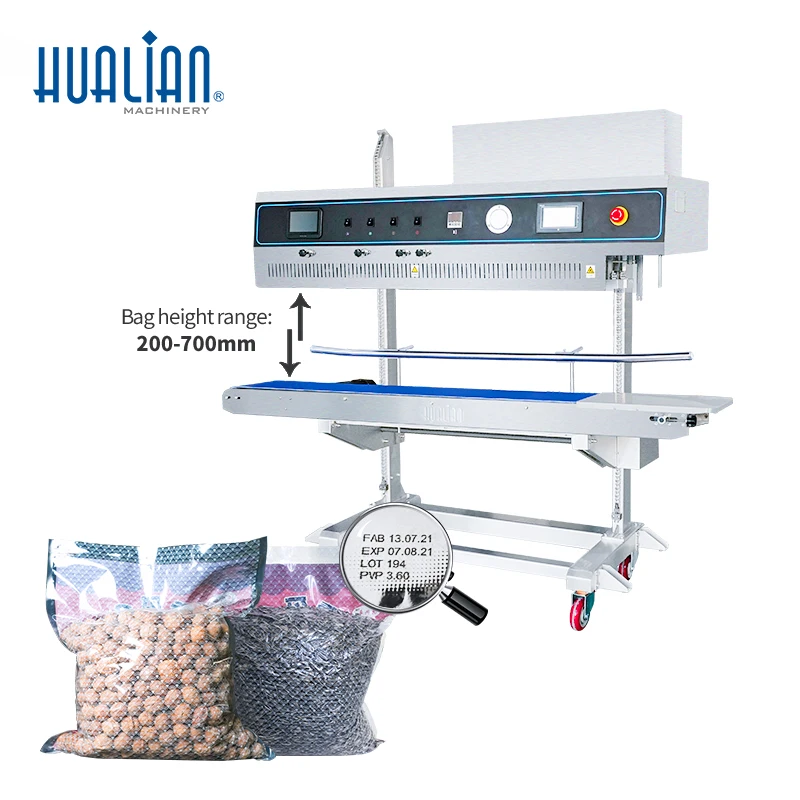 FRP-1120LH HUALIAN Integrated Suction and Inflation Continuous Vertical Band Sealer Sealing Machine With Ink-jet Printer