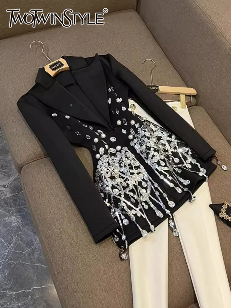 TWOTWINSTYLE solidna główna ulica łączona sukienka z diamentami dla kobiet z klapami z długim rękawem sukienki wieczorowe moda damska KDR8A0406