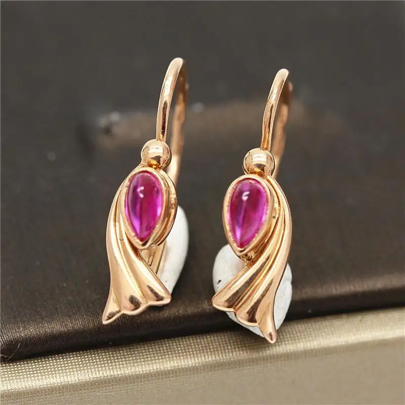 585 Purple Gold Plated 14K Rose Gold Inlaid Waterdrop Red Crystal Geometric Earrings for Women Classic Glamour Dinner Jewelry