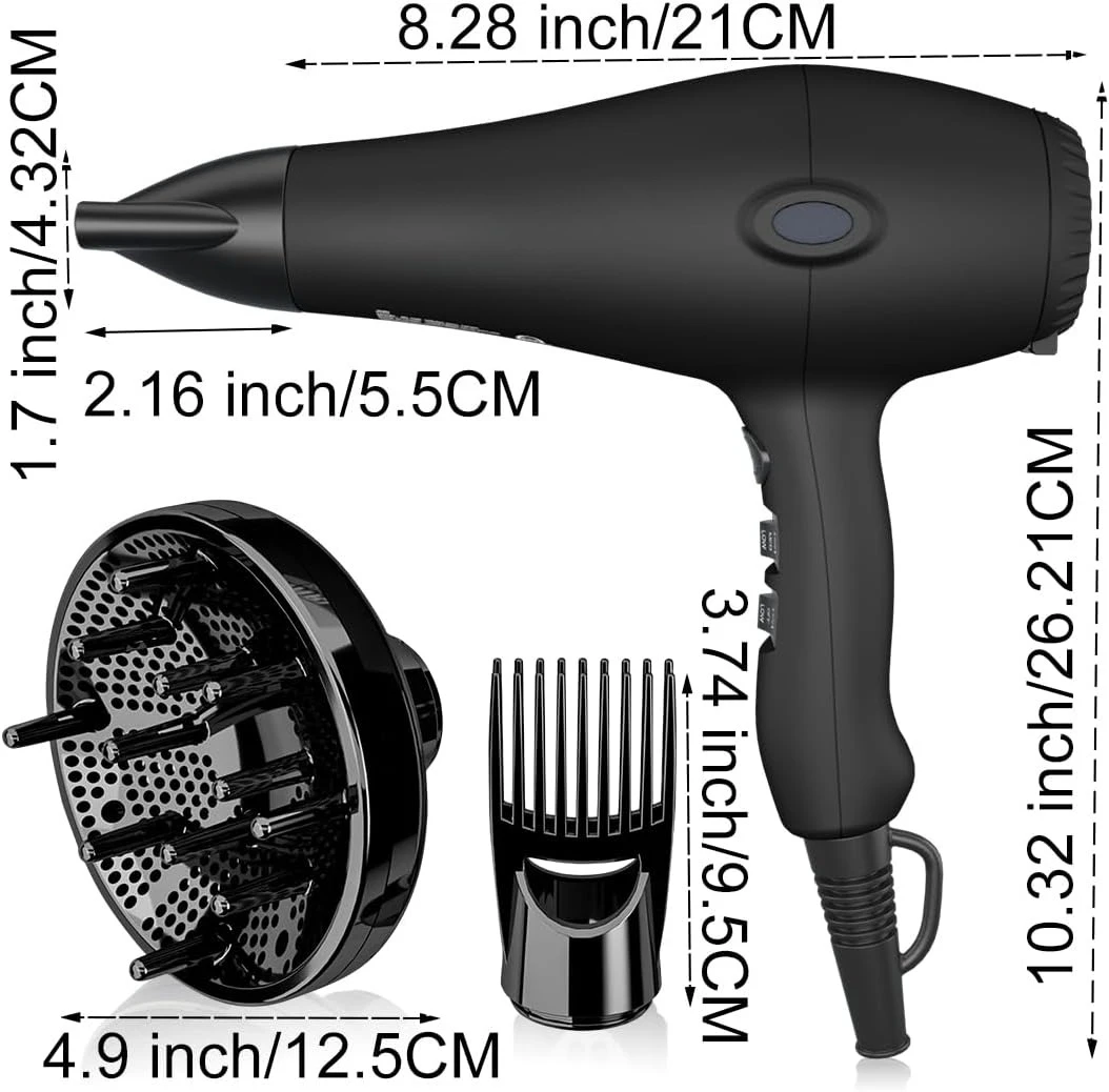 Hair Dryer - 1875W Diffuser Blow Dryer for Salon & Personal Use – Powerful, Fast Drying with Diffuser, Black