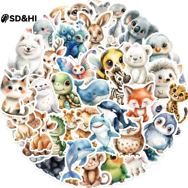 

50pcs/set Watercolor Animal Doodle Stickers DIY Decor For Guitar/Tablet/Journal Waterproof