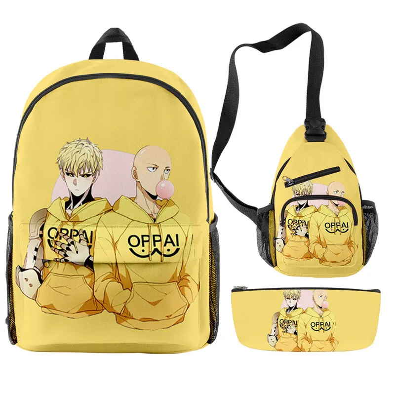 Trendy Youthful Anime One Punch Man Saitama Oppai 3pcs/Set Backpack 3D Bookbag Laptop Daypack Backpacks Chest Bags Pencil Case