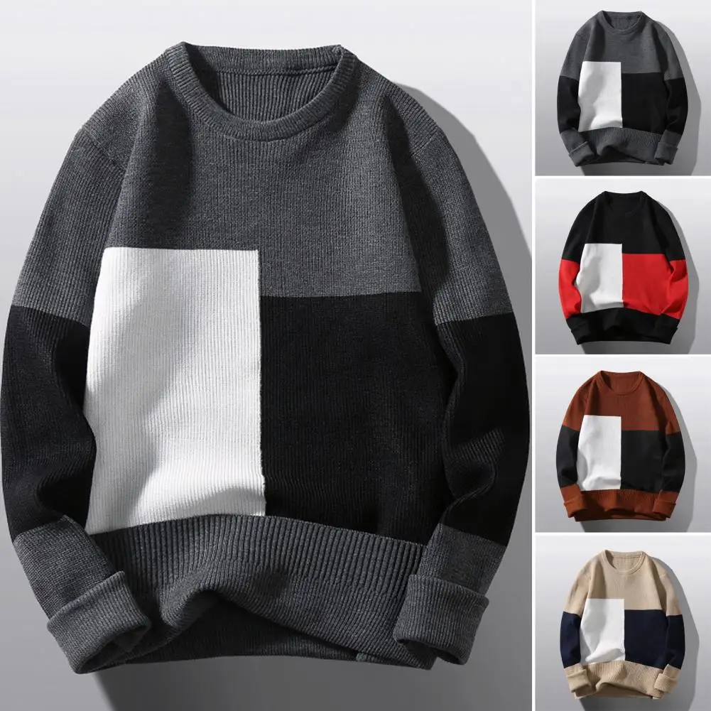 

Color-block Sweater Cozy Men's Colorblock Knitted Sweater Thick Warm Stylish Fall/winter Pullover with Patchwork Detailing